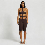 Hollow out tight fitting neck hanging jumpsuit