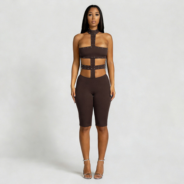 Hollow out tight fitting neck hanging jumpsuit