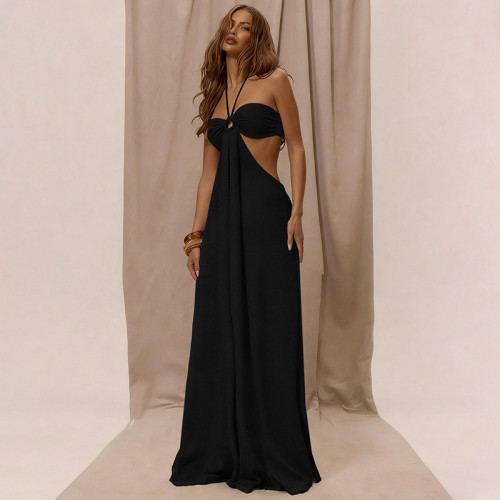 Hollow neck tie loose jumpsuit