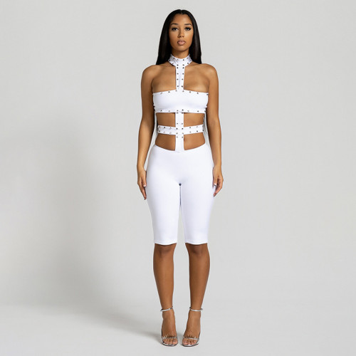 Hollow out tight fitting neck hanging jumpsuit