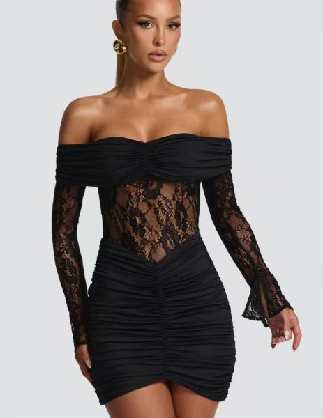 Lace off shoulder dress, see through long sleeved patchwork skirt
