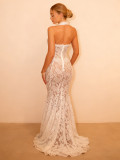 Lace deep V-hook flower tail skirt hanging neck sleeveless long skirt