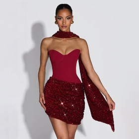 Hanging neck ribbon asymmetrical pleated mini dress with hanging pleats