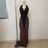 Deep V-neck hanging neck front split splicing hollow dress