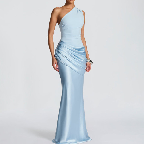 Single shoulder slanted collar pleated satin bread buttocks long skirt