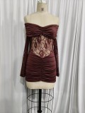 Lace off shoulder dress, see through long sleeved patchwork skirt