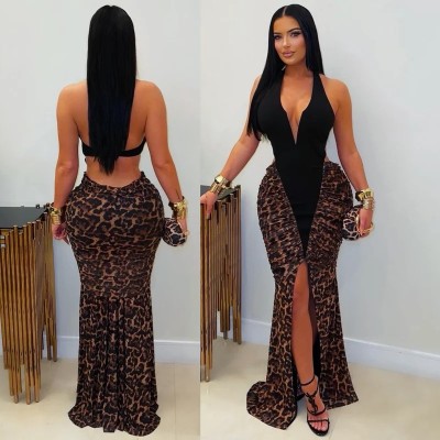 Deep V-neck hanging neck front split splicing hollow dress