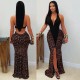 Deep V-neck hanging neck front split splicing hollow dress