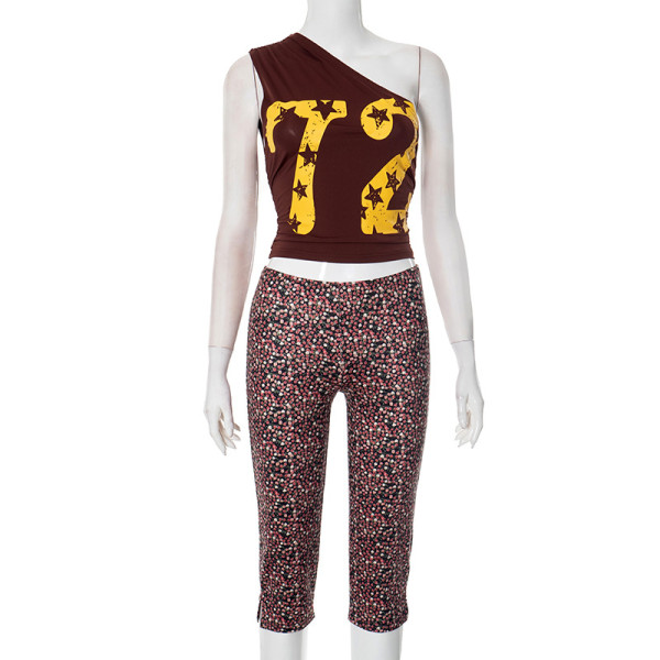 Slant off shoulder digital offset printing low waist floral tight five point set