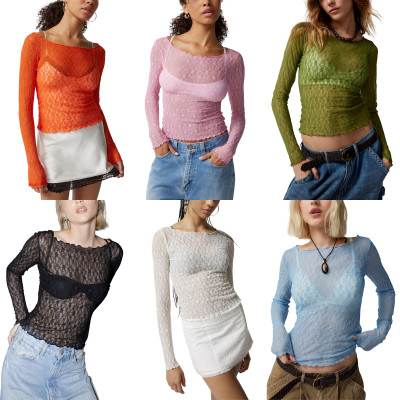 Perspective lace mesh T-shirt with wavy edges and a slightly translucent short top