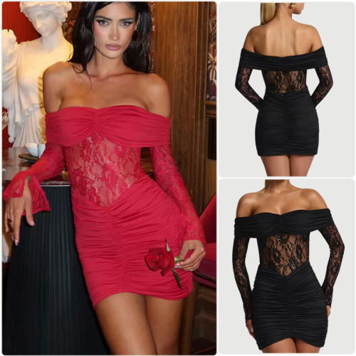 Lace off shoulder dress, see through long sleeved patchwork skirt