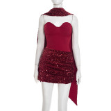 Hanging neck ribbon asymmetrical pleated mini dress with hanging pleats