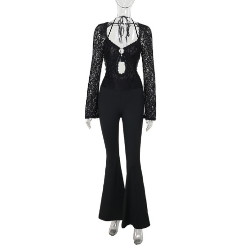 Long sleeved lace backless jumpsuit YL24492DGO