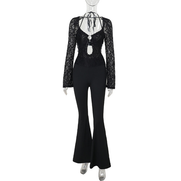 Long sleeved lace backless jumpsuit YL24492DGO