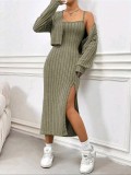 Sling slit dress+short cardigan striped knit two-piece set FF952718008248