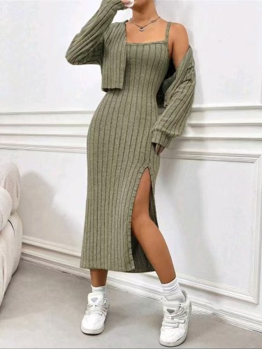 Sling slit dress+short cardigan striped knit two-piece set FF952718008248