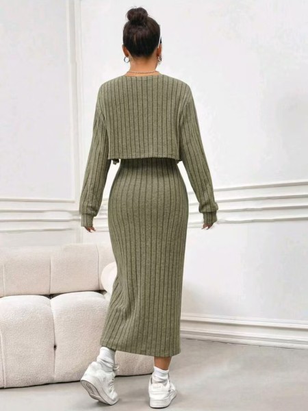 Sling slit dress+short cardigan striped knit two-piece set FF952718008248