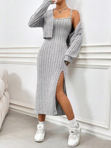 Sling slit dress+short cardigan striped knit two-piece set FF952718008248