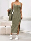 Sling slit dress+short cardigan striped knit two-piece set FF952718008248