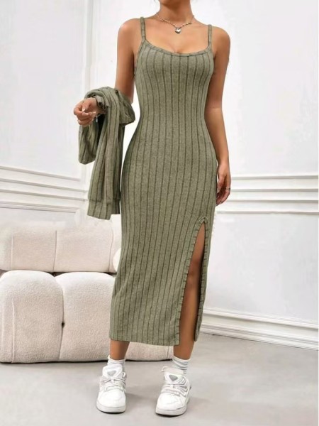 Sling slit dress+short cardigan striped knit two-piece set FF952718008248