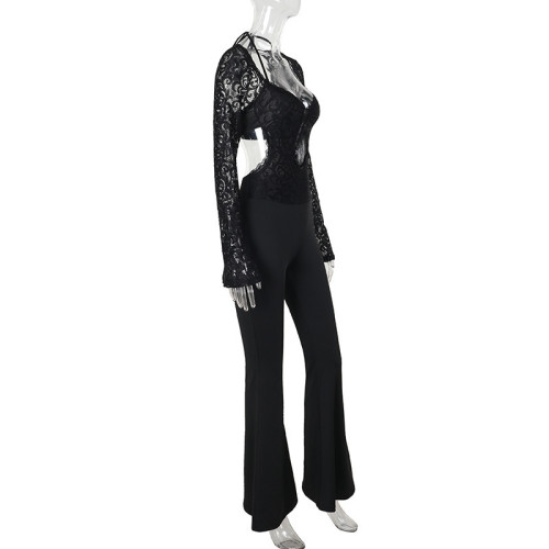 Long sleeved lace backless jumpsuit YL24492DGO