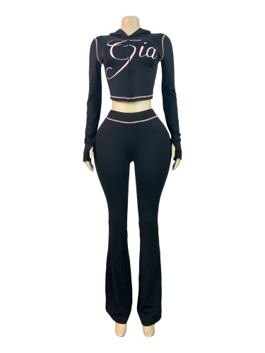 Printed hooded long sleeved thumb button micro flared long pants two-piece set