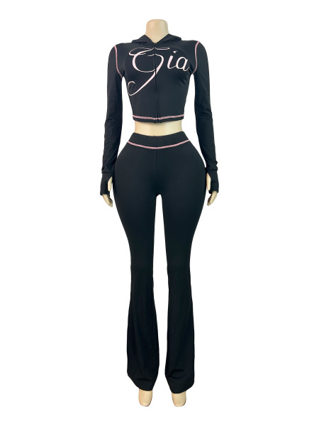 Printed hooded long sleeved thumb button micro flared long pants two-piece set