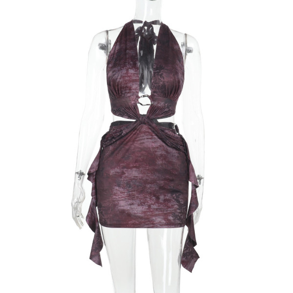 Printed hollow lotus leaf edge tied dress