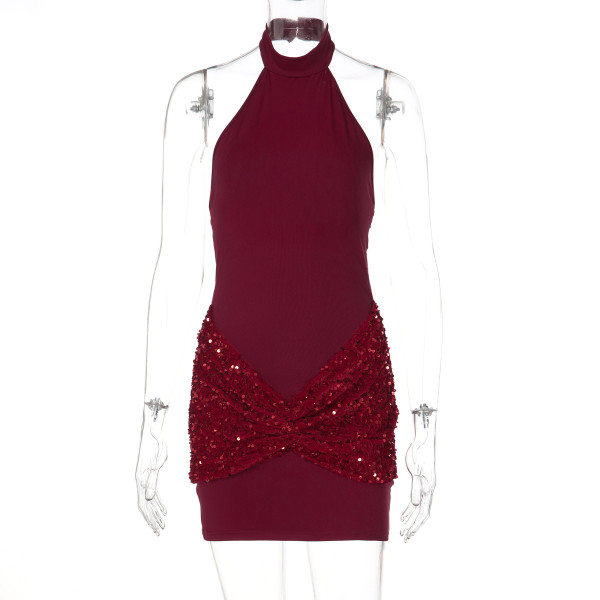 Sequin patchwork hanging neck, revealing backpack buttocks dress