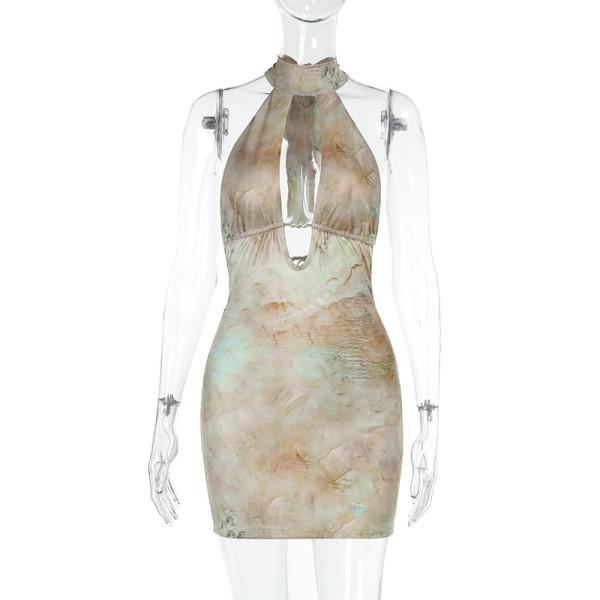 Hollow out printed neck and hip hugging dress