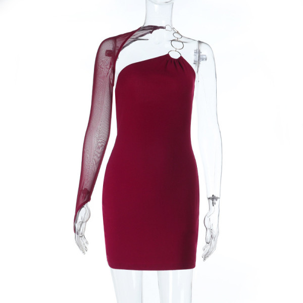 Slanted shoulder metal ring single sleeve dress