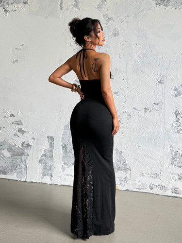 Lace camisole dress with V-neck, backless straps, hip hugging long skirt