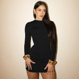 Long sleeved round neck short skirt pleated backless dress