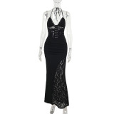 Lace camisole dress with V-neck, backless straps, hip hugging long skirt