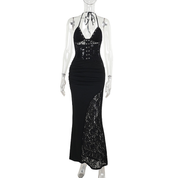 Lace camisole dress with V-neck, backless straps, hip hugging long skirt