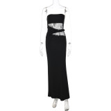 Sleeveless lace patchwork long skirt strapless dress
