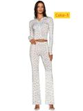 Printed hooded long sleeved thumb button micro flared long pants two-piece set