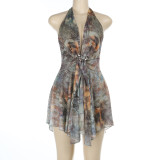 Deep V-strap neck hanging, backless irregular printed dress