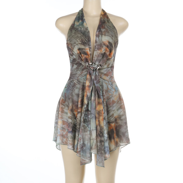 Deep V-strap neck hanging, backless irregular printed dress