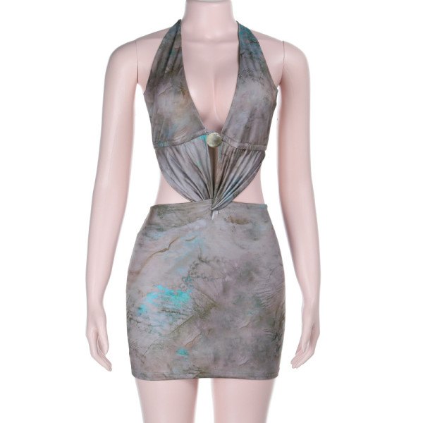 Hanging neck tie backless deep V-dress