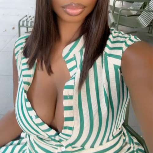 Striped stand up collar sleeveless single breasted shirt skirt short skirt