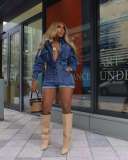 Washed denim long sleeved jumpsuit shorts