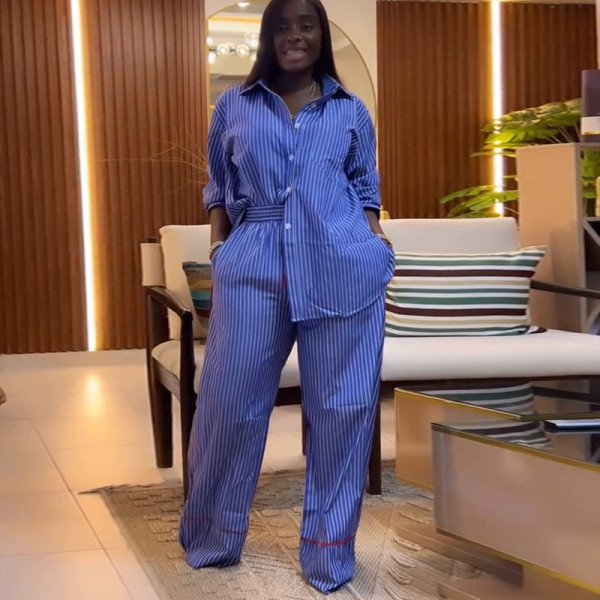 Collar loose striped shirt wide leg pants set