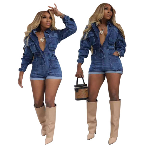 Washed denim long sleeved jumpsuit shorts
