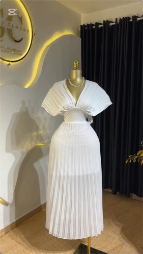 Crimson V-neck bat sleeve high waisted A-line dress long skirt