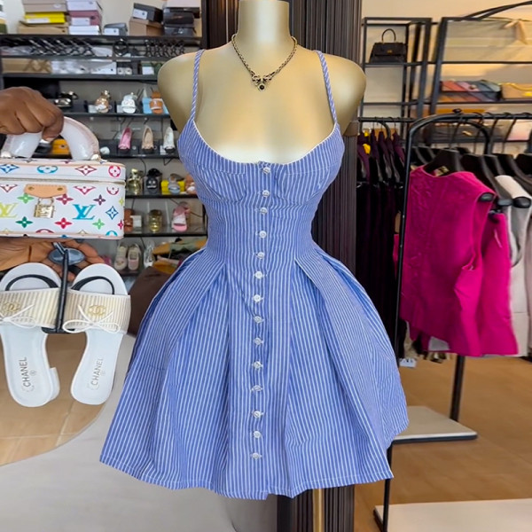 Blue striped A-line irregular suspender dress