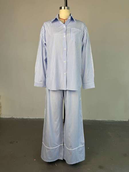 Collar loose striped shirt wide leg pants set