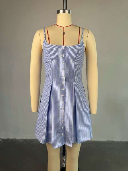 Blue striped A-line irregular suspender dress