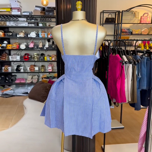 Blue striped A-line irregular suspender dress