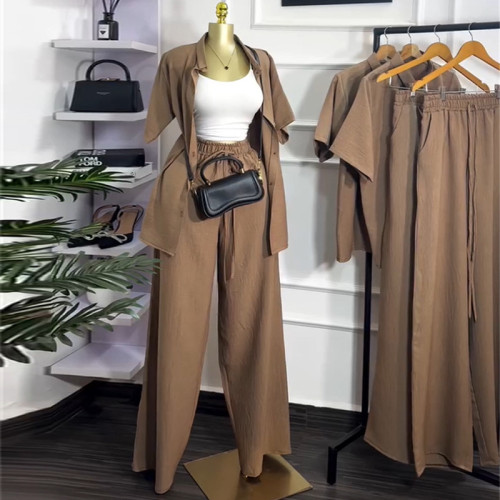 Collar loose short sleeved shirt wide leg long pants set